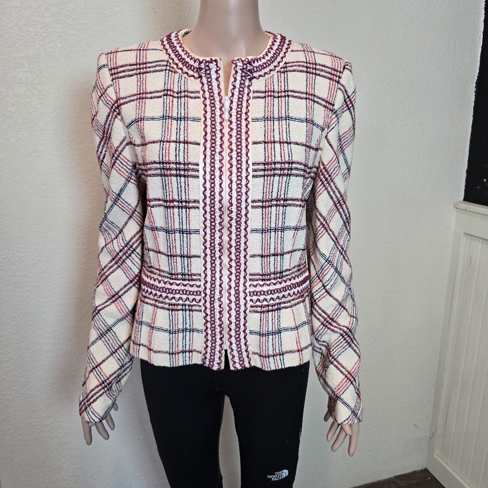 St John Plaid Zip-Up Jacket Cardigan w/ Woven Plaid  Accents | Size: 10 Vintage - Picture 8 of 10